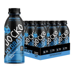 Jocko Fuel Hydrate blue raspberry bottle ready for quick hydration during workouts.