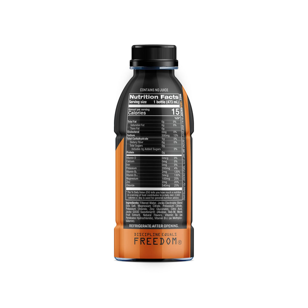 Jocko Fuel Hydrate Island Orange glass shows refreshing electrolyte drink post-workout.