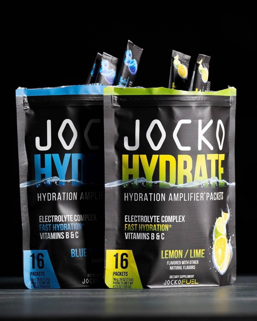 Jocko Fuel Hydrate packaging close-up showing blue raspberry flavor