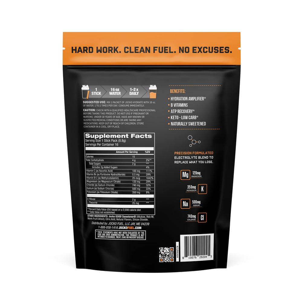 Jocko Fuel Hydrate dissolves in water to create Island Orange drink.