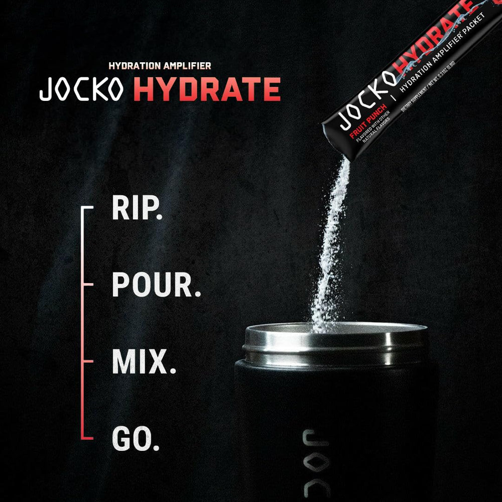 Jocko Fuel Hydrate ready-to-drink packet beside a water bottle.