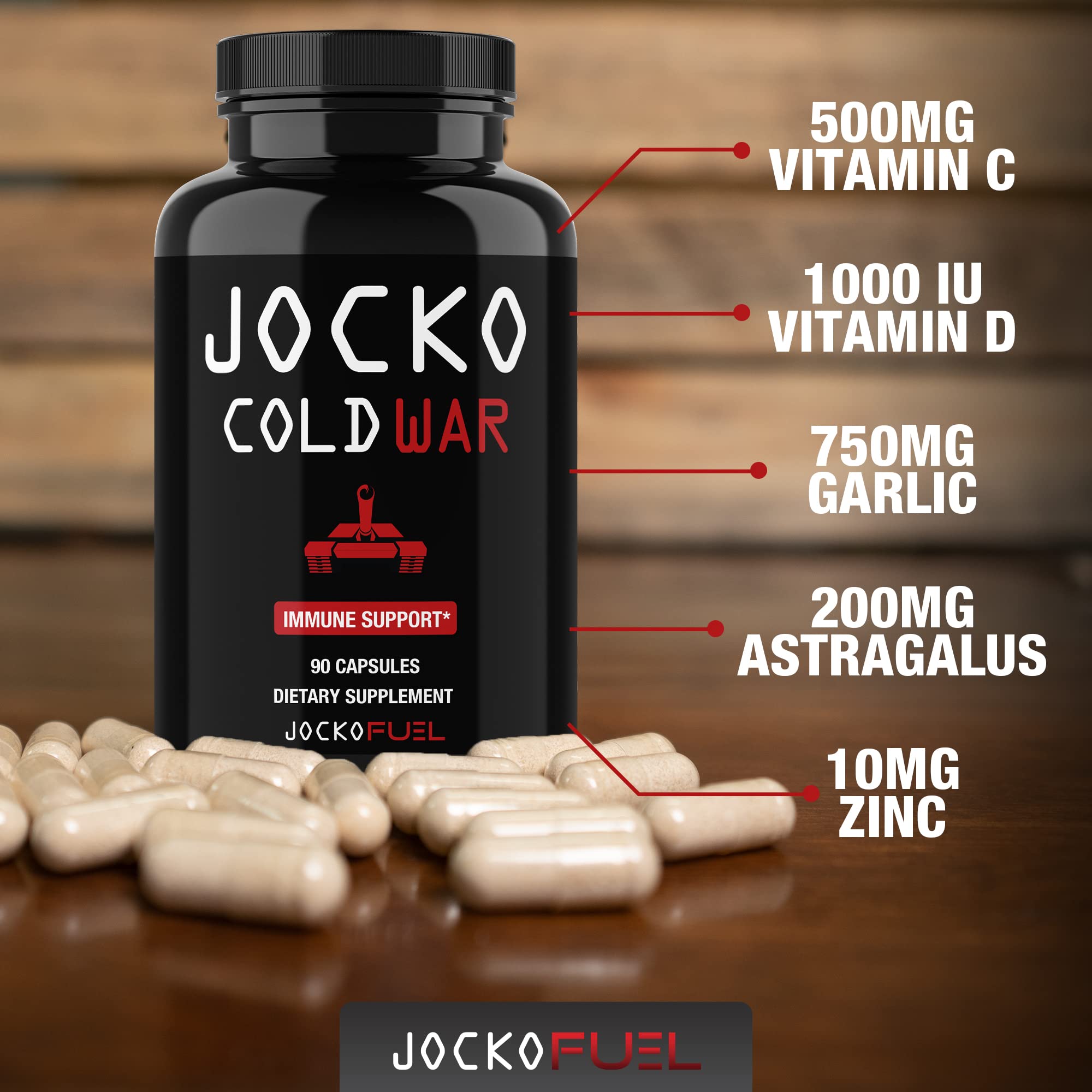 Jocko Fuel Immune Support label closeup shows vitamin C and zinc blend.