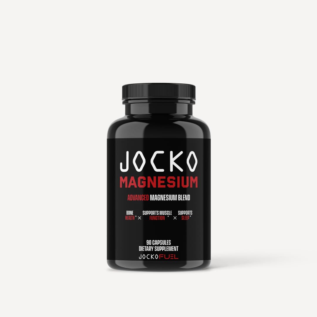 Jocko Fuel Magnesium Complex bottle front with capsules for daily muscle support.