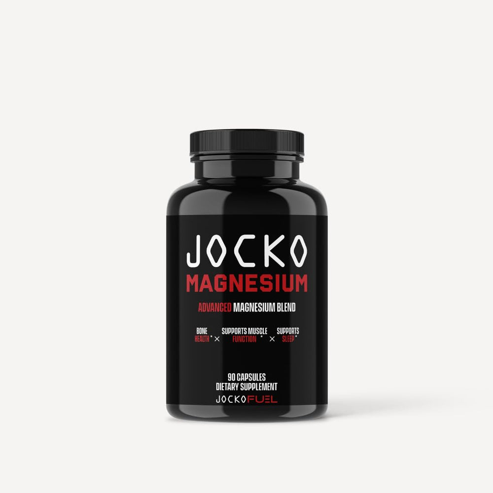 Jocko Fuel Magnesium Complex bottle front with capsules for daily muscle support.