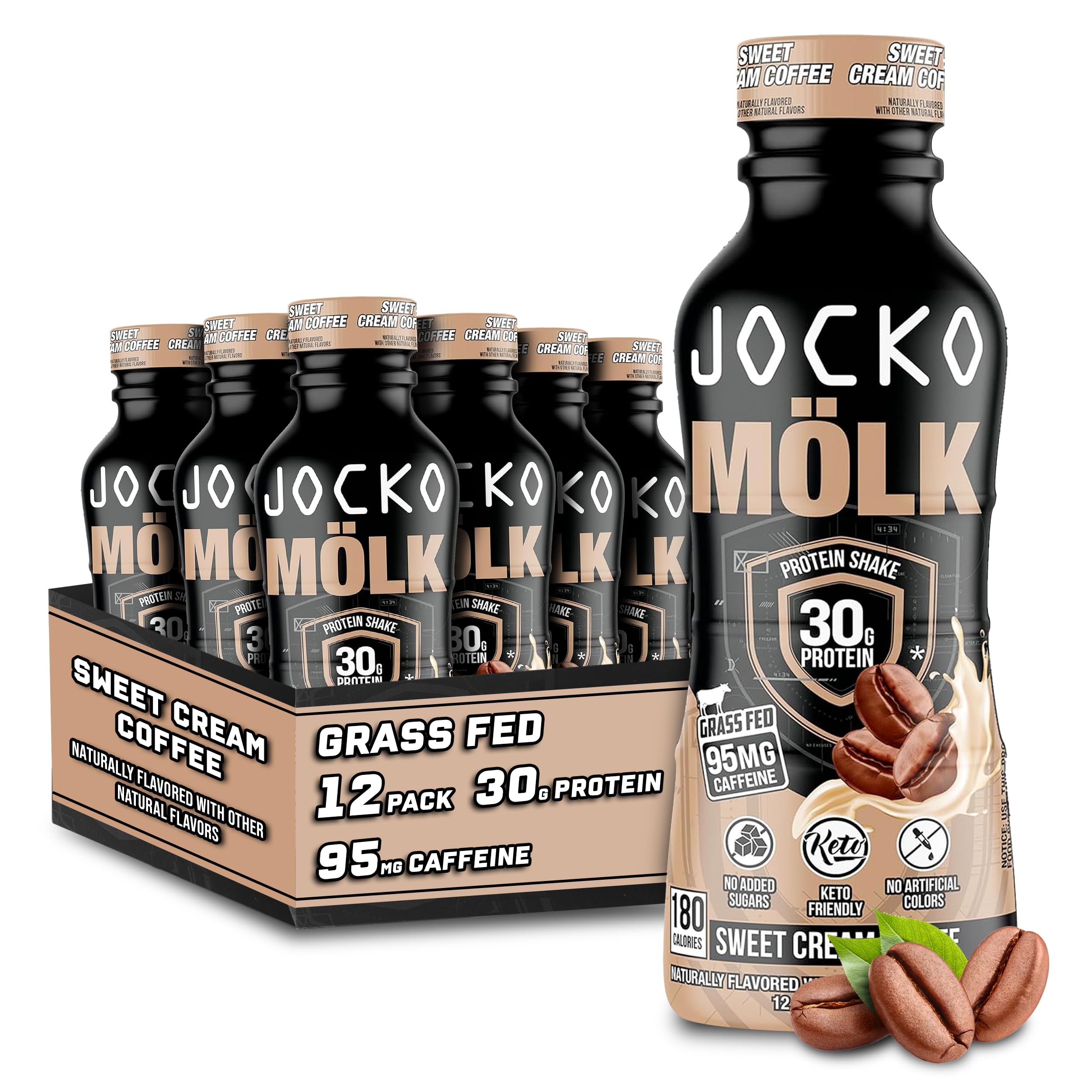 Jocko Fuel Mölk bottle front showing 30 g grass-fed protein per serving for sustained energy