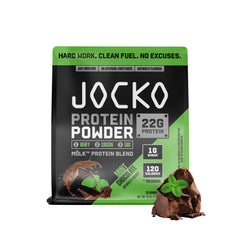 Jocko Fuel Mölk mint chocolate tub front showing packaging and serving size