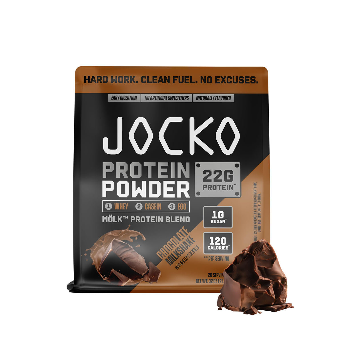 Jocko Fuel Mölk chocolate whey powder scoop close-up, high protein option.
