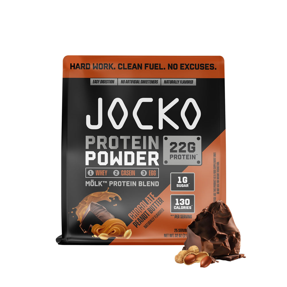 Jocko Fuel Mölk whey powder chocolate peanut butter tub front view highlighting flavor and packaging