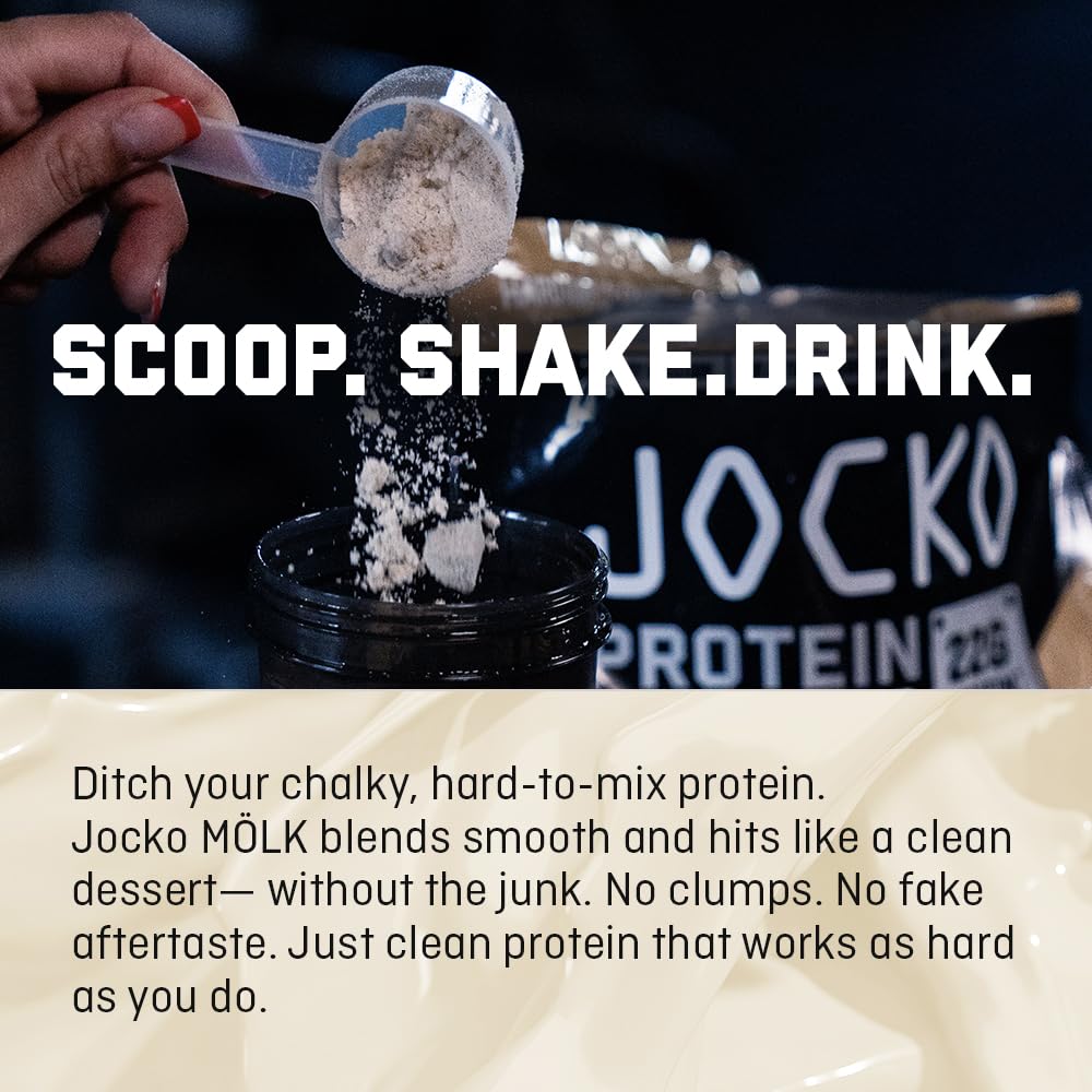 Jocko Fuel Mölk powder with milk glass suggests easy everyday protein