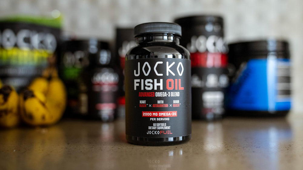 Jocko Fuel Omega-3 bottle with oil droplets imagery emphasizing purity.