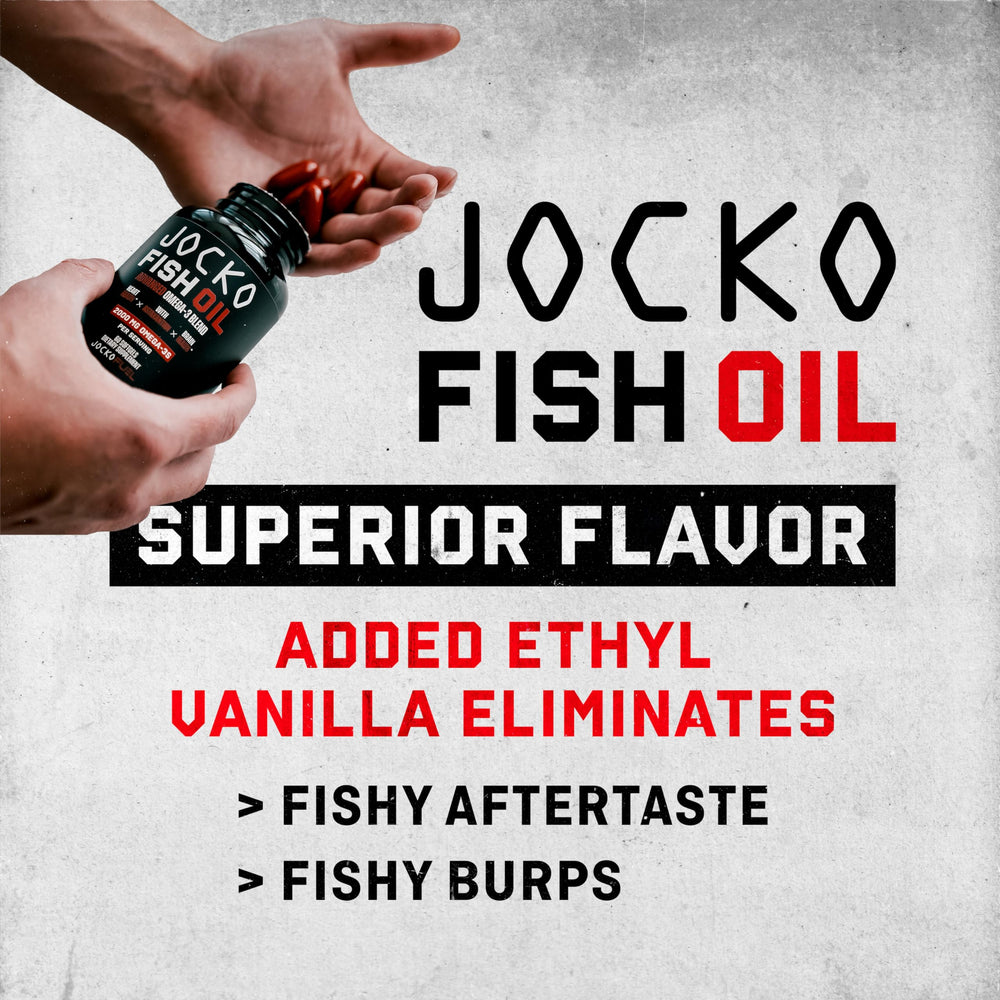 Jocko Fuel Omega-3 bottle on kitchen counter beside a glass.