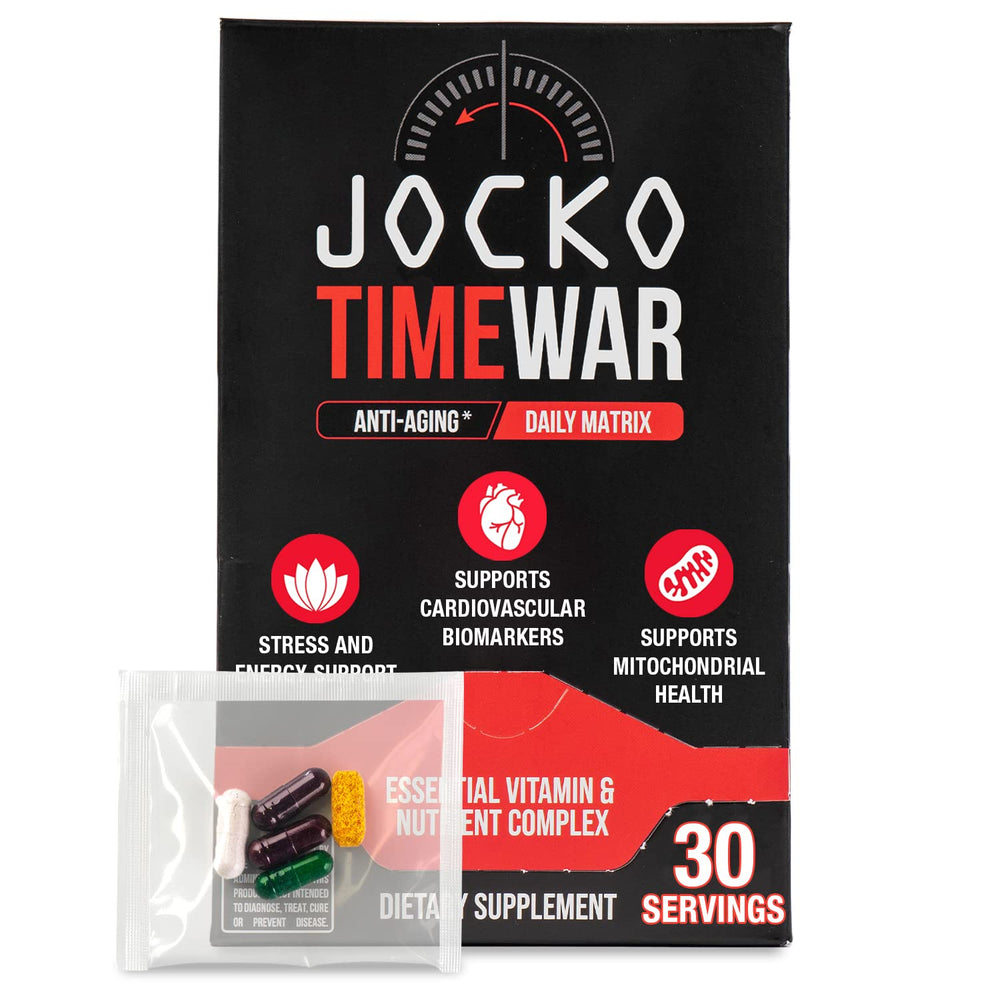 Jocko Fuel Time War bottle front promotes daily vitality with NAD-based multivitamin.