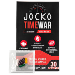 Jocko Fuel Time War bottle front promotes daily vitality with NAD-based multivitamin.