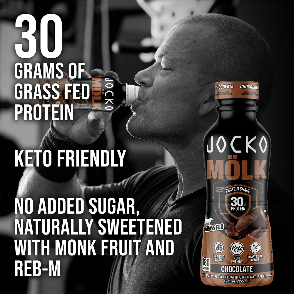 Ready-to-drink Jocko Mölk chocolate bottle for post-workout refreshment.