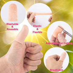 Thumb protector caps in use during gardening for finger protection.