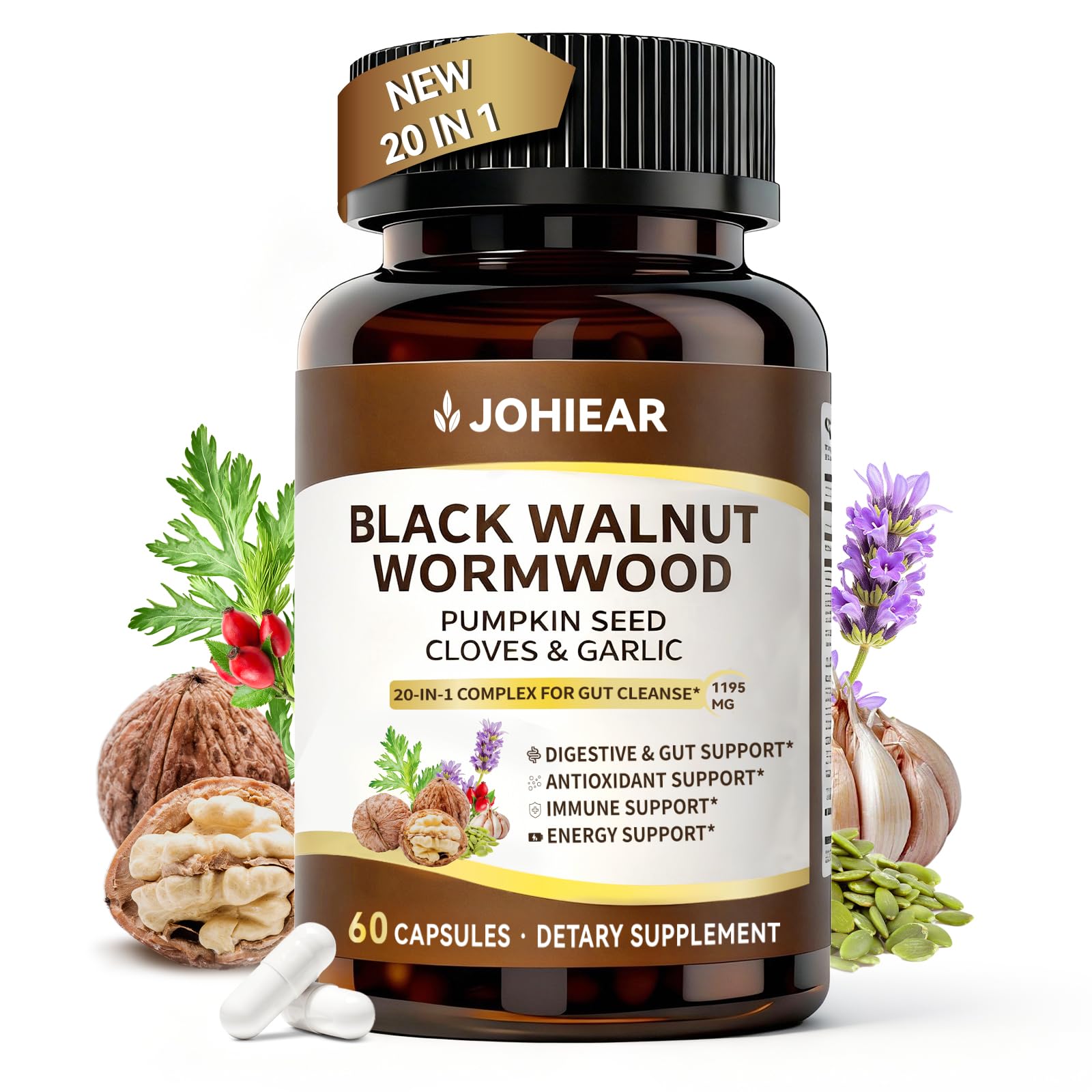 Johiear 20in1 cleanse bottle shows wormwood blend for gentle digestive support