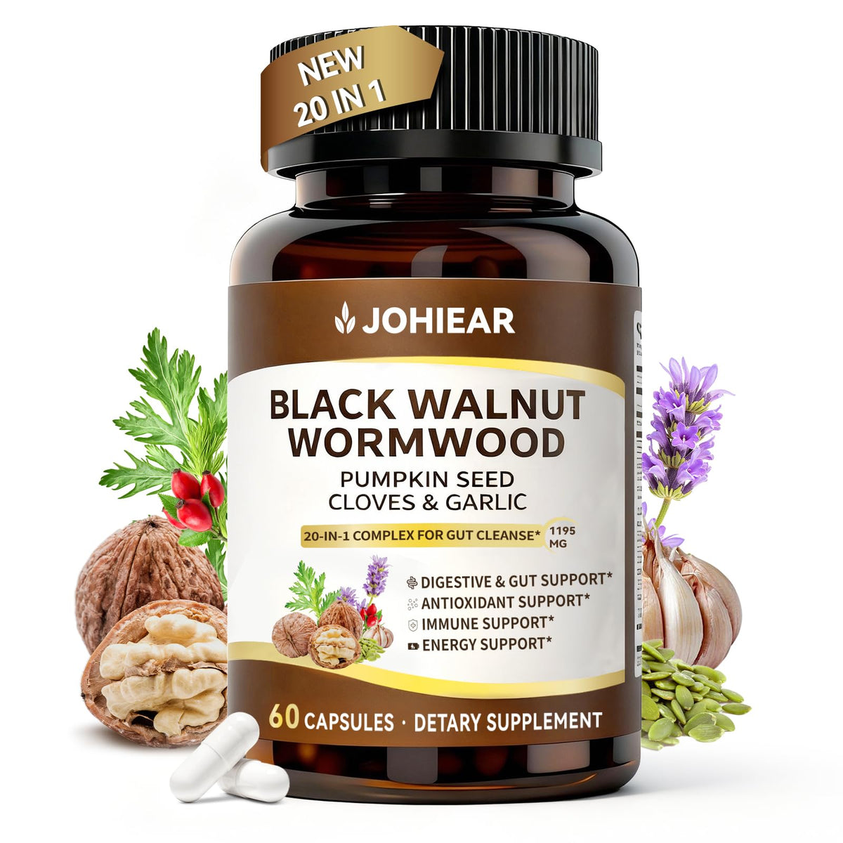 Johiear 20in1 cleanse bottle shows wormwood blend for gentle digestive support