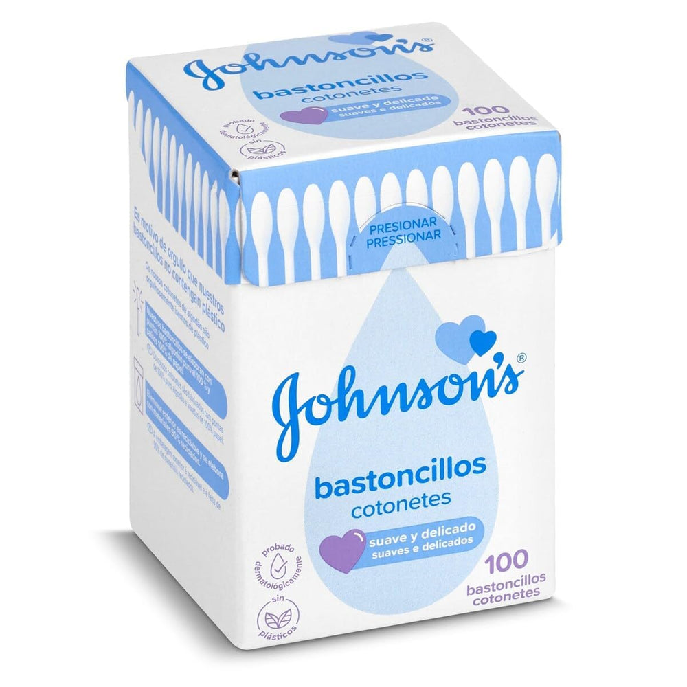 Johnson's Baby cotton buds pack of 100 for gentle cleansing in bath and beauty routines.