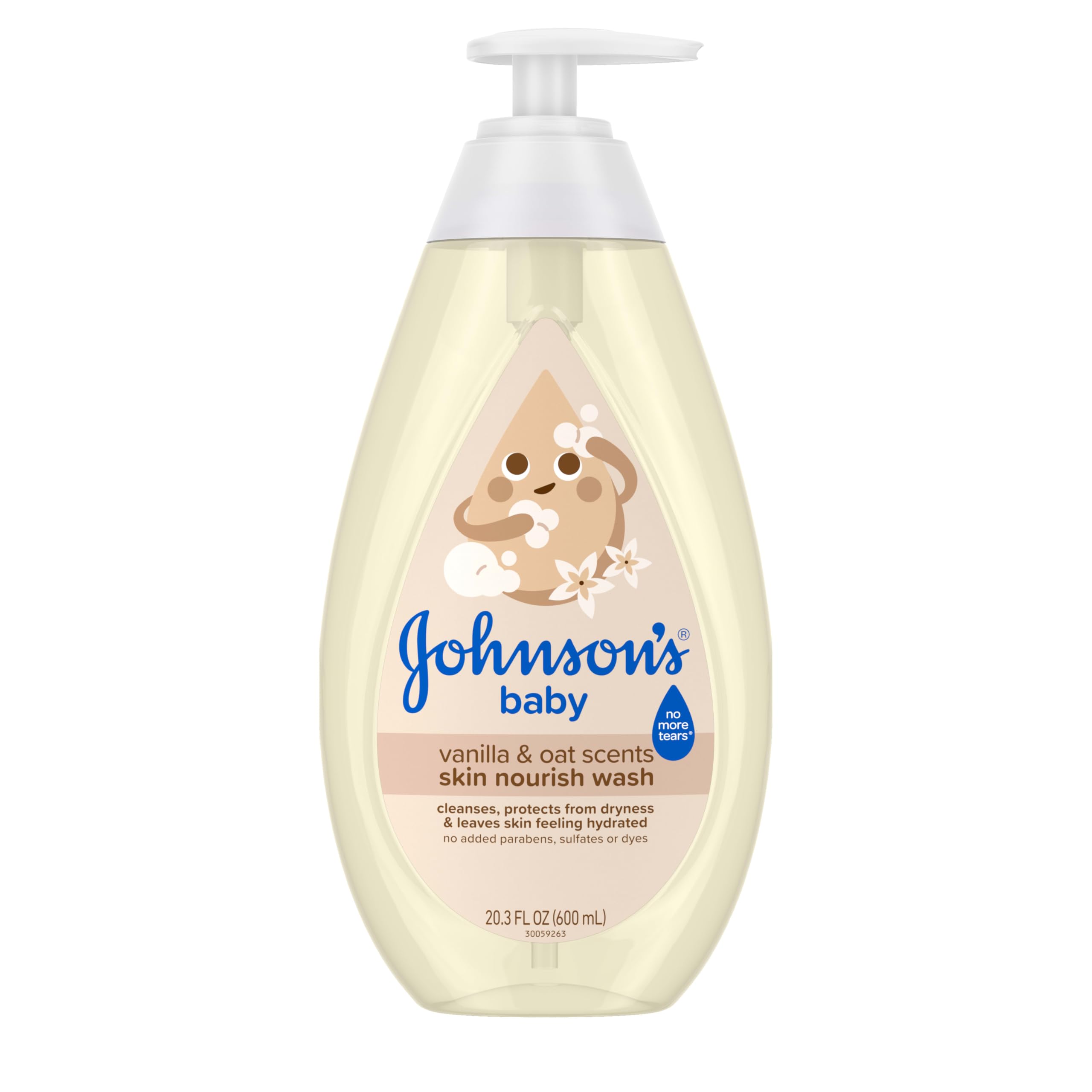 Johnson's Skin Nourish Baby Wash con vainilla y avena, bote vertido para una limpieza suave del bebé