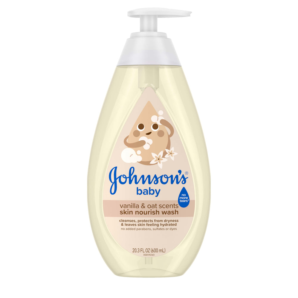 Johnson's Skin Nourish Baby Wash con vainilla y avena, bote vertido para una limpieza suave del bebé