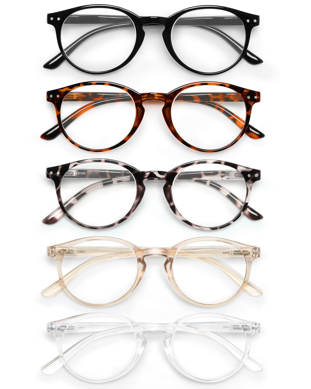 JOLISU 5-pack round-frame glasses with blue light blocking for computer work.