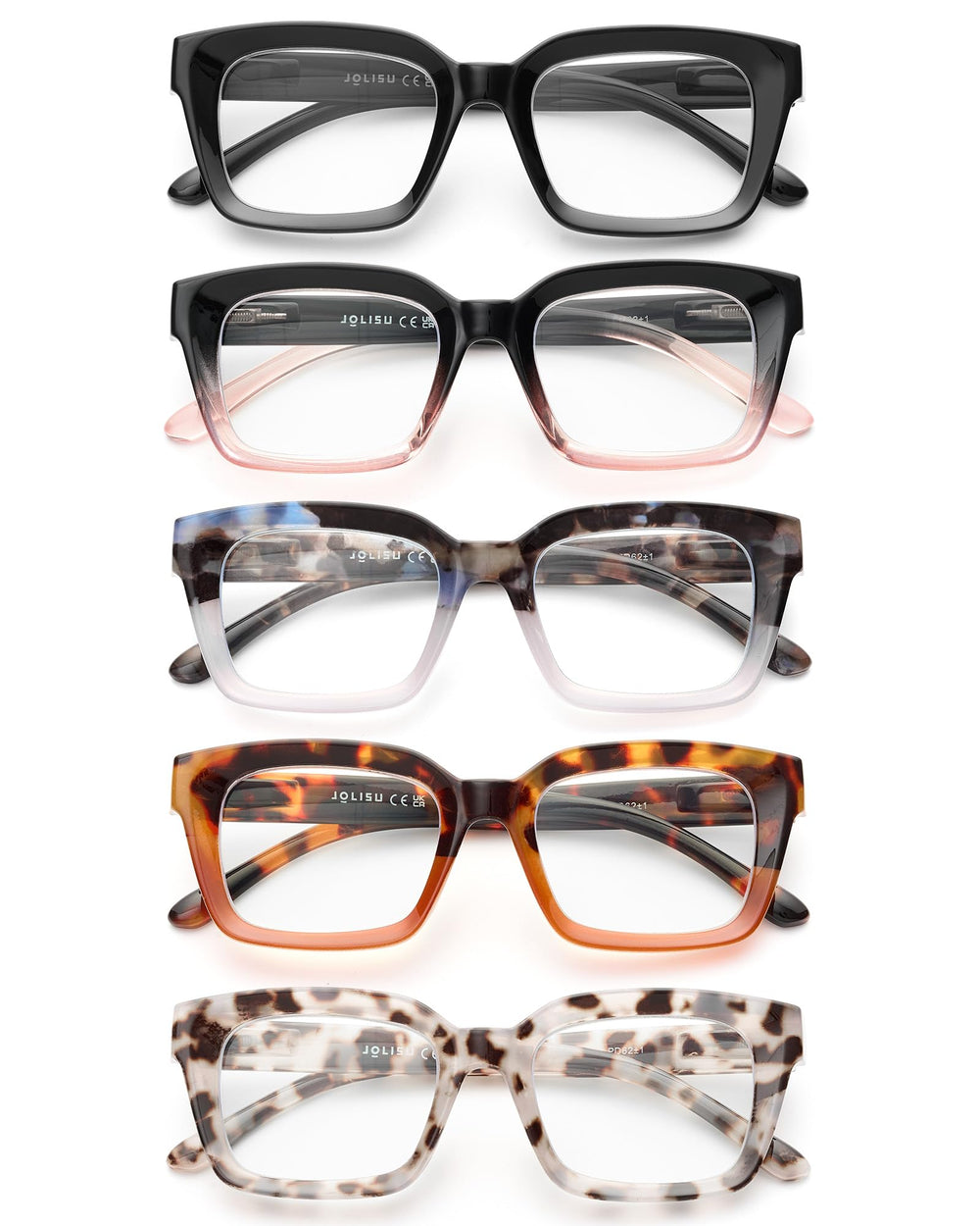 JOLISU 5-pack reading glasses with blue-light blocking for comfortable screen time.
