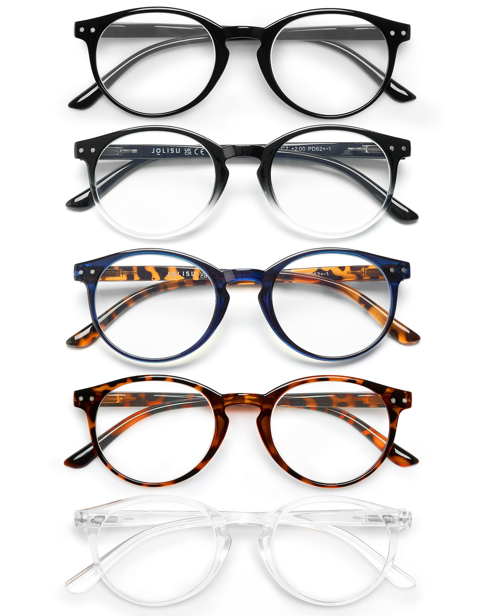 JOLISU 5-pack round-frame reading glasses with blue light blocking for comfortable all-day use.