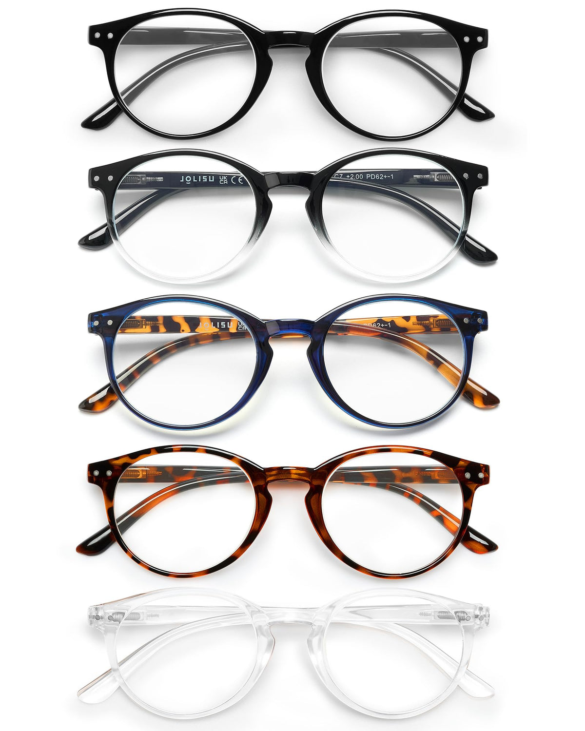 JOLISU 5-pack round-frame reading glasses with blue light blocking for comfortable all-day use.