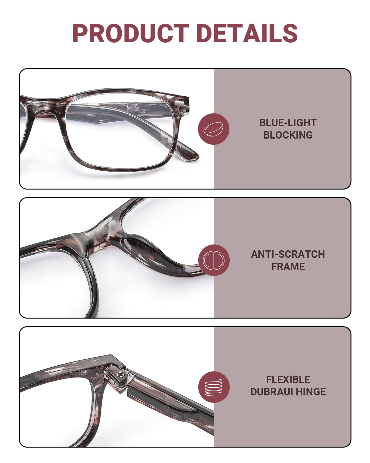 JOLISU blue light blocking lens highlights UV400 protection and reduced screen glare for digital tasks.