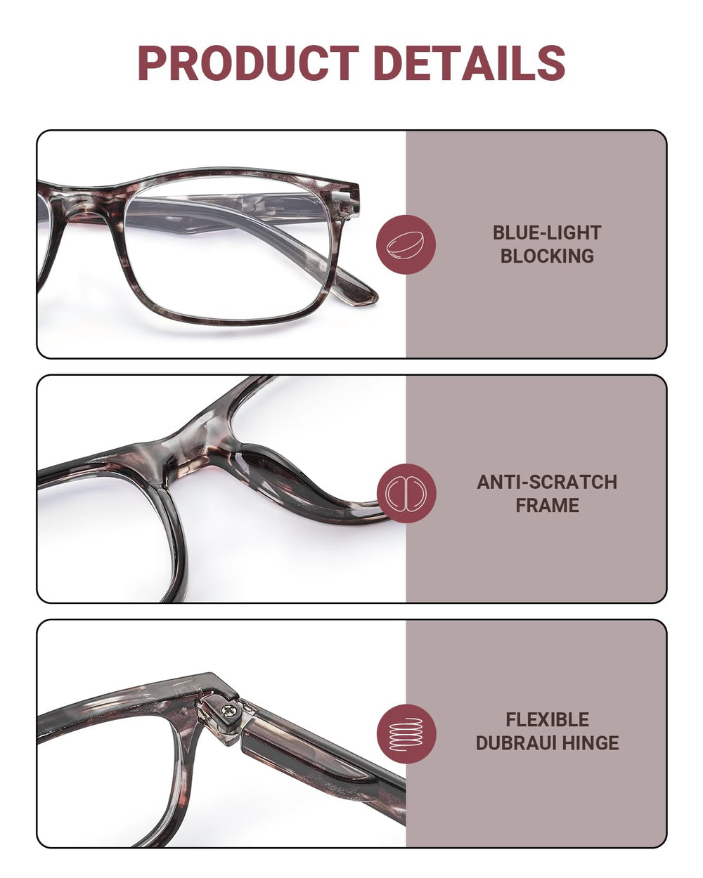 JOLISU blue light blocking lens highlights UV400 protection and reduced screen glare for digital tasks.
