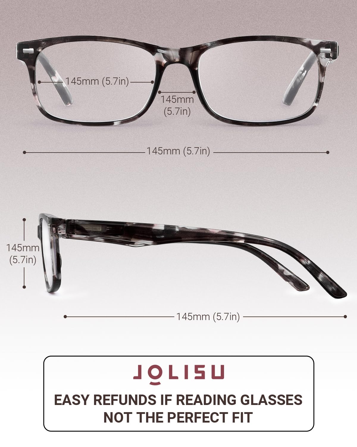 JOLISU women's reading glasses side profile showing ultra-light resin frame for all-day comfort.
