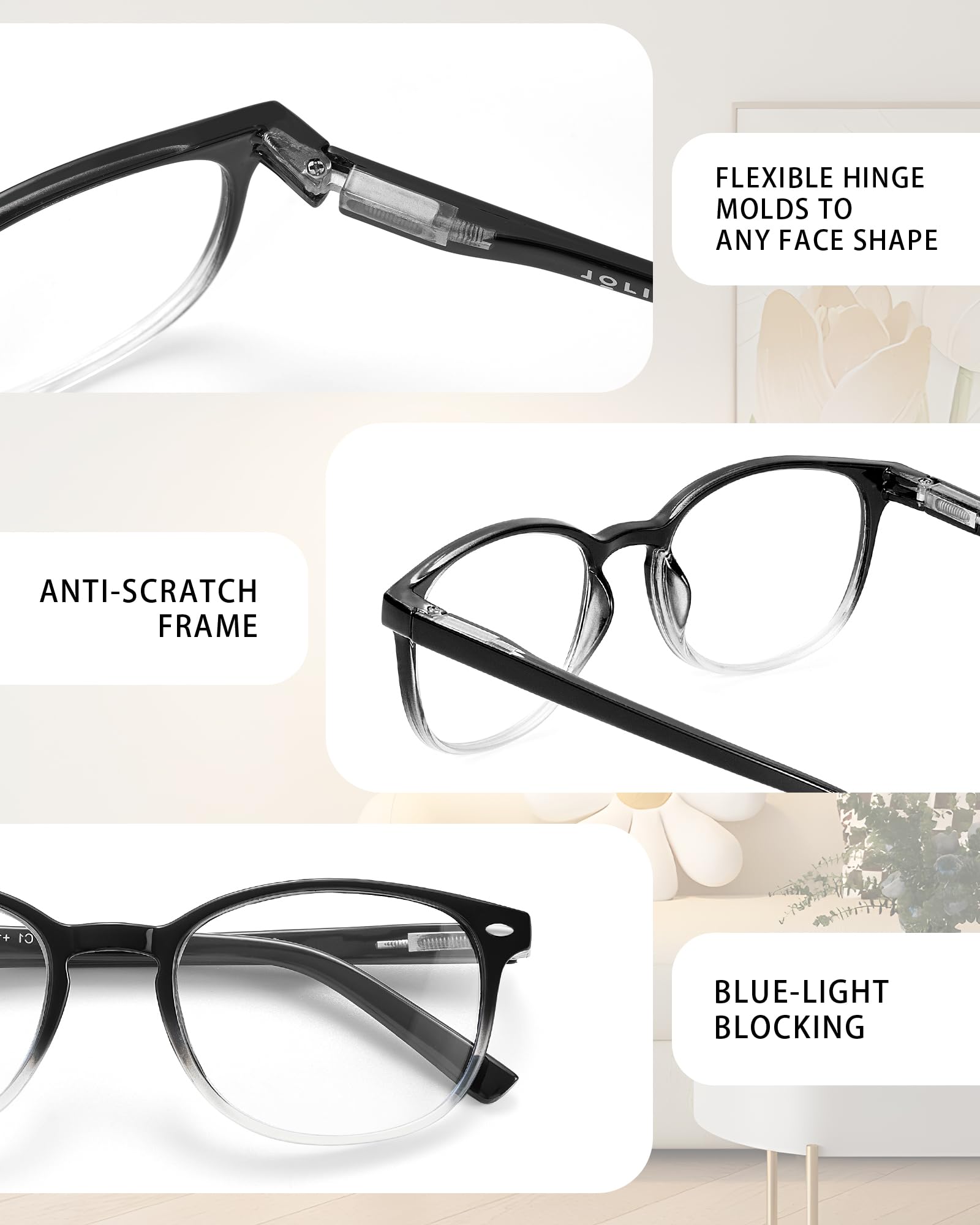 JOLISU spring hinge temples provide a comfortable, flexible fit.