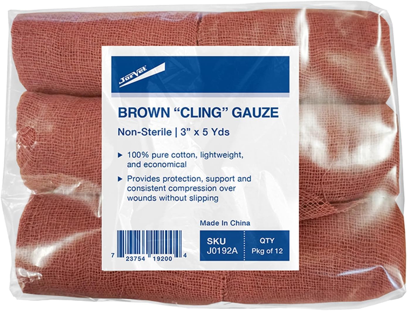 JorVet Brown Cling Gauze roll, soft cotton for secure wound dressings