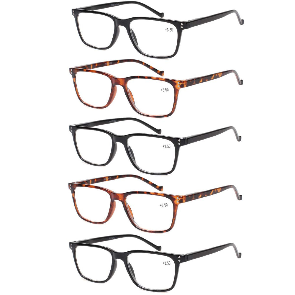 JOSCHOO five-pack reading glasses in black and tortoise for comfortable daily reading.