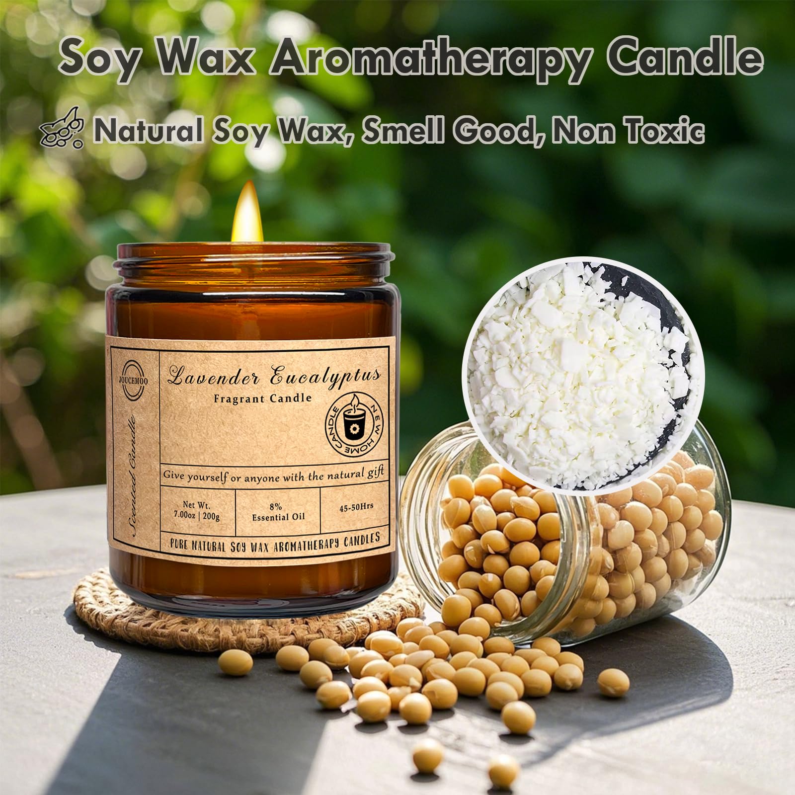 Lit JOUCEMOO Lavender Eucalyptus candle creating a relaxing glow