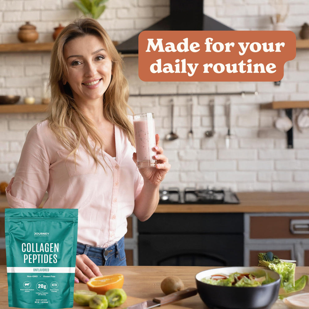 Journey Supplements unflavored powder blends seamlessly into coffee, smoothies, and recipes