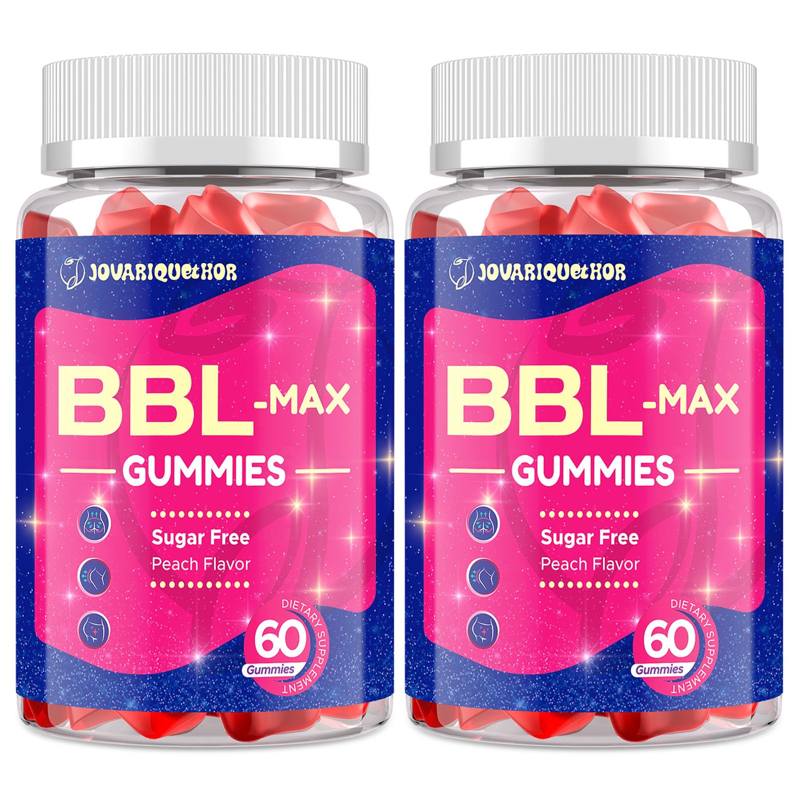 Jovariquethor Booty Gummies peach bottle pour highlights convenient daily supplement with peach flavor.
