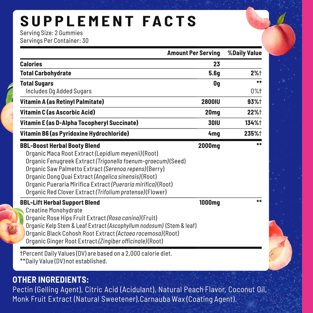 Jovariquethor Booty Gummies peach jar closeup highlights vegan and gluten-free formula.