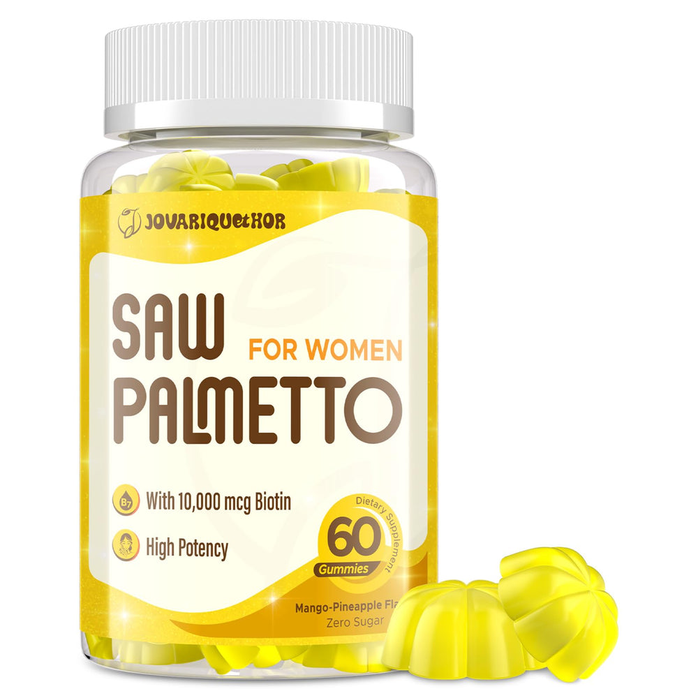 Jovariquethor Saw Palmetto for Women bottle front showing 500mg potency for hair and nails