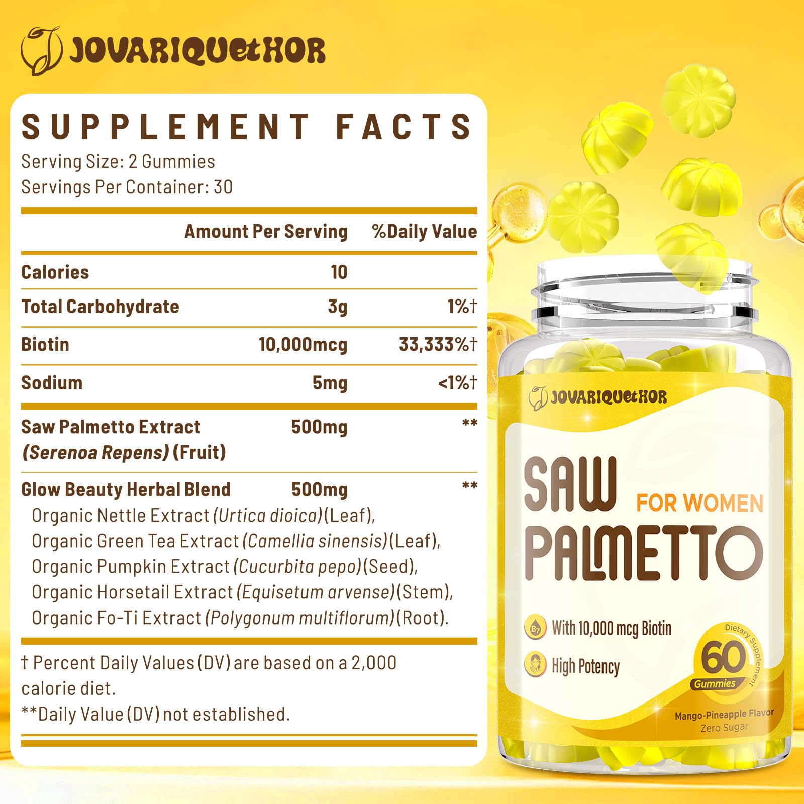 Gummies closeup of Jovariquethor Saw Palmetto for Women highlighting mango-pineapple flavor