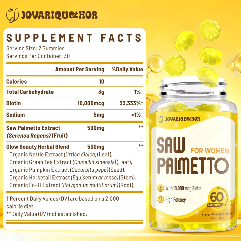 Gummies closeup of Jovariquethor Saw Palmetto for Women highlighting mango-pineapple flavor