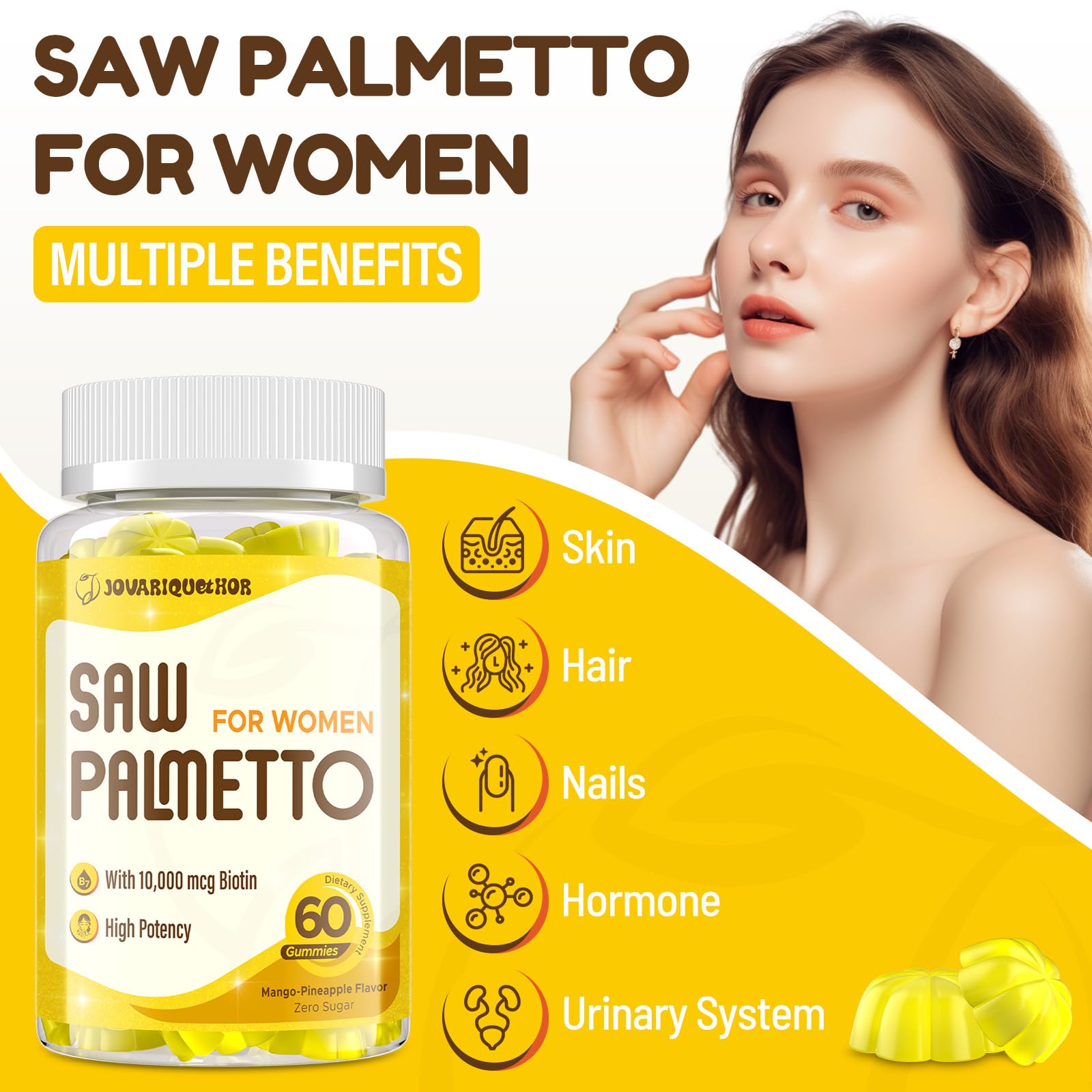 Gummies in hand from Jovariquethor Saw Palmetto for Women for convenient on-the-go use