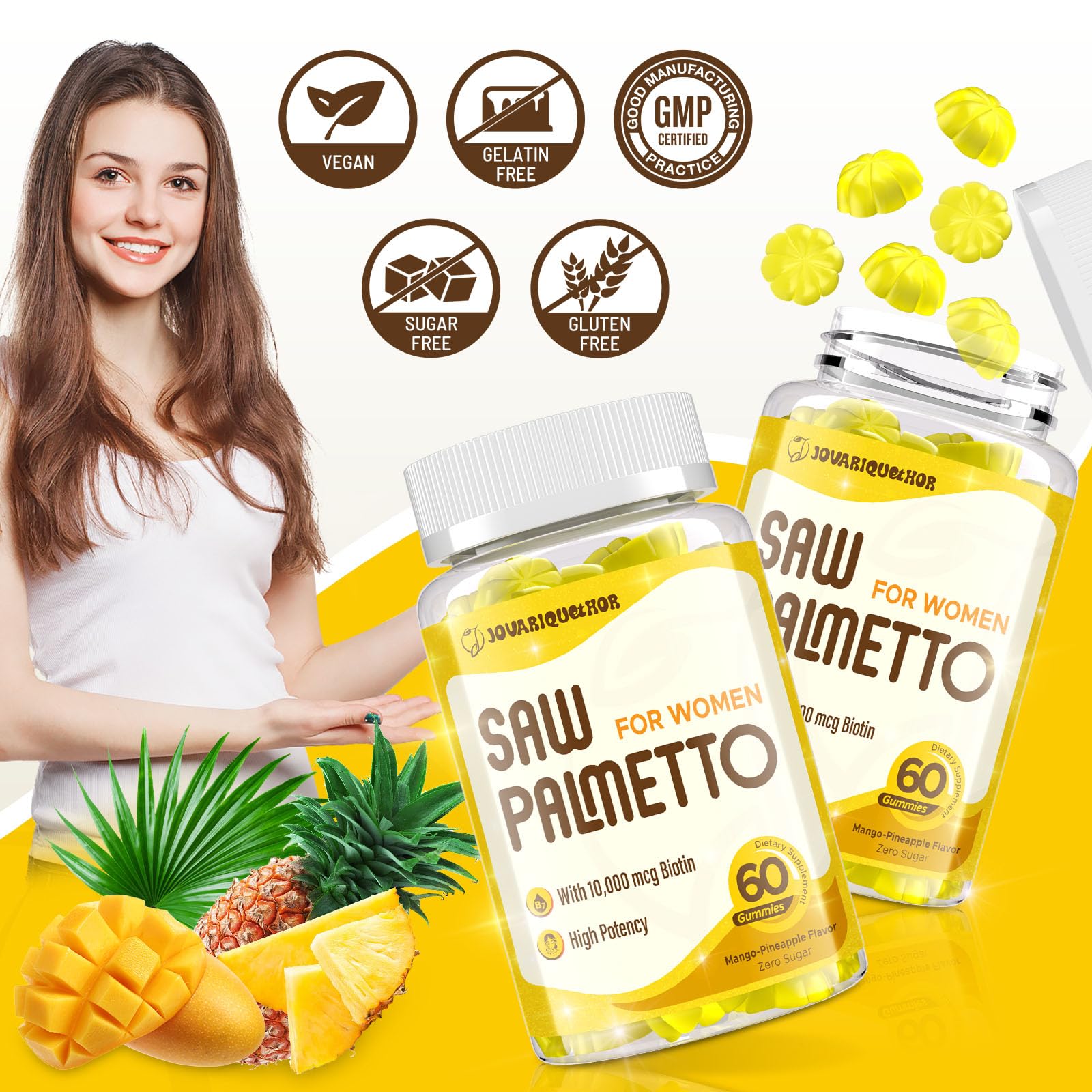 Ingredients visual of Jovariquethor Saw Palmetto for Women showing biotin and herbal blend