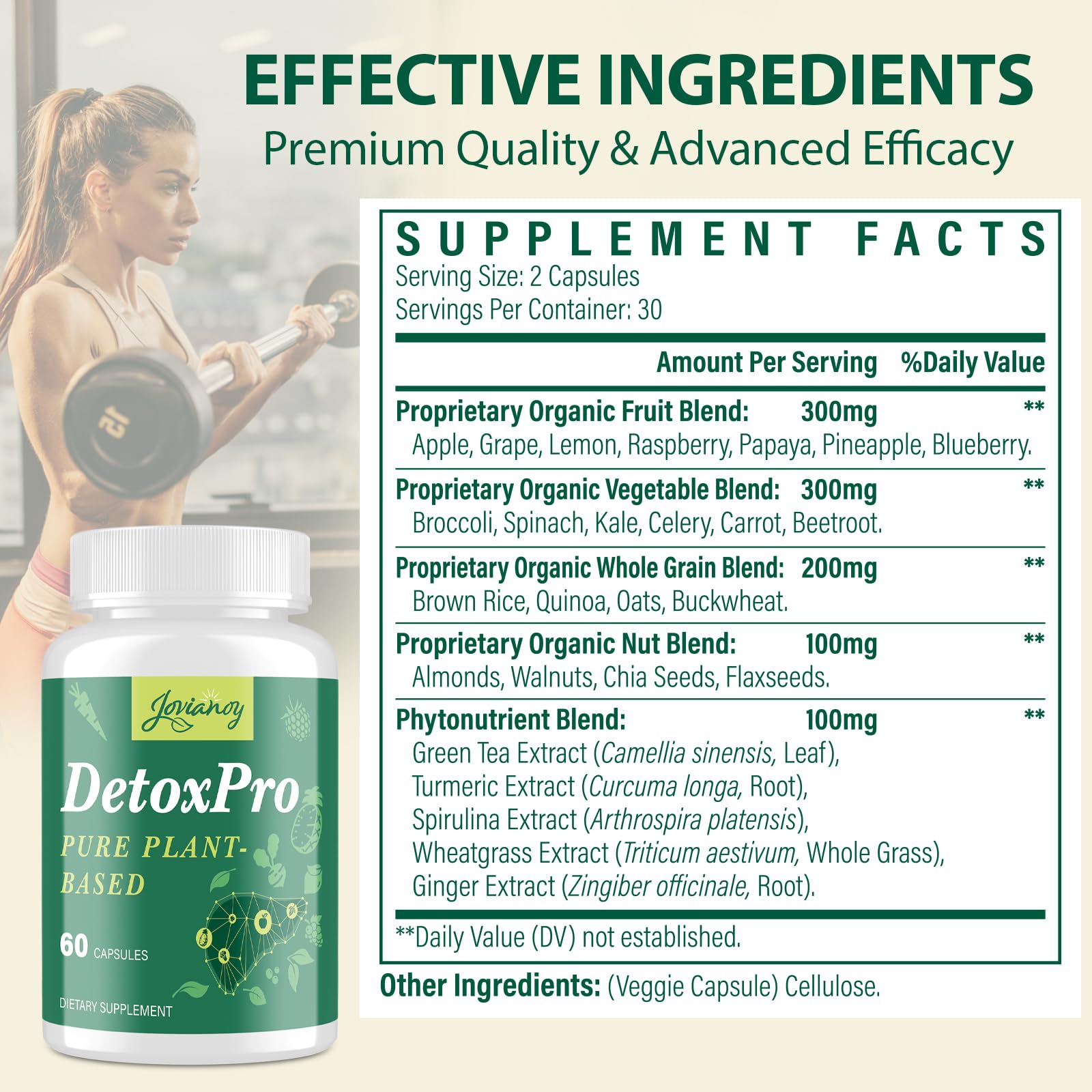 Jovianoy 26-in-1 formula ingredients panel highlighting the plant-based blend.