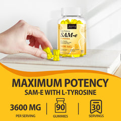 Jovianoy SAM-e gummies packaging highlighting vegan formula and pineapple flavor.