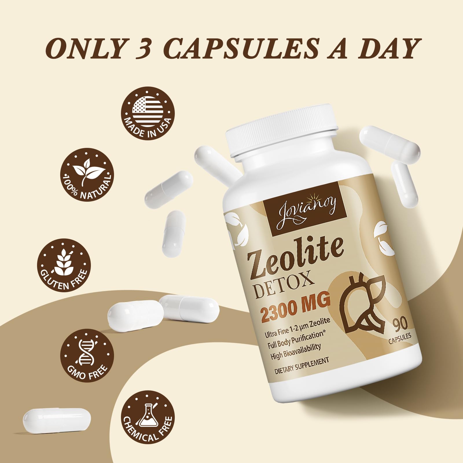 Jovianoy Zeolite Detox capsules on wooden surface ready for daily ritual