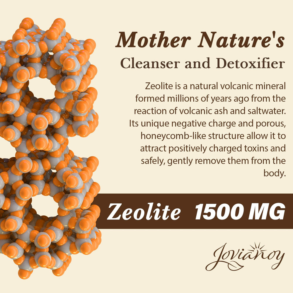 Jovianoy Zeolite Detox packaging—product box showcasing organic and CGMP safety.