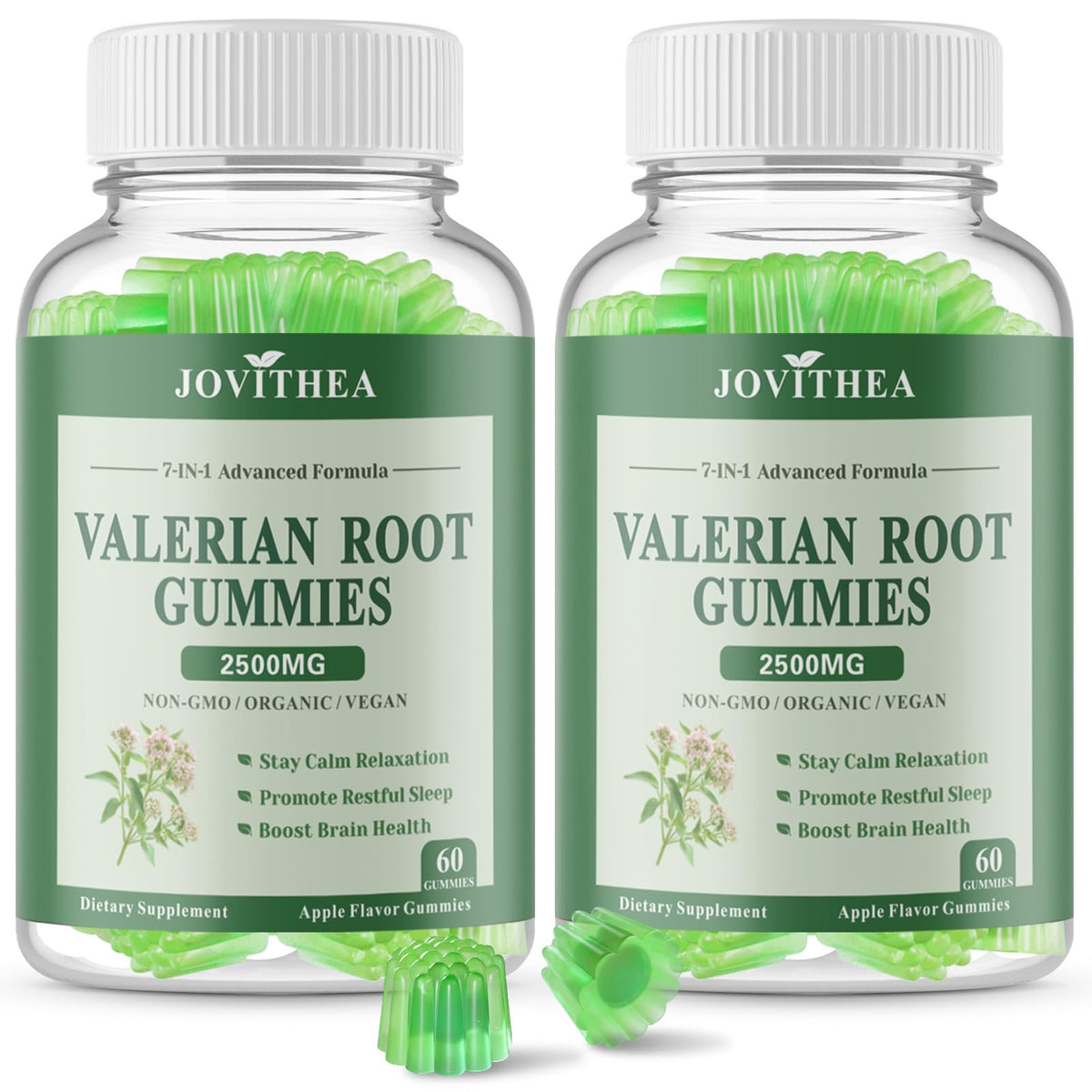 JOVITHEA valerian gummies front bottle showing calming sleep support and apple flavor