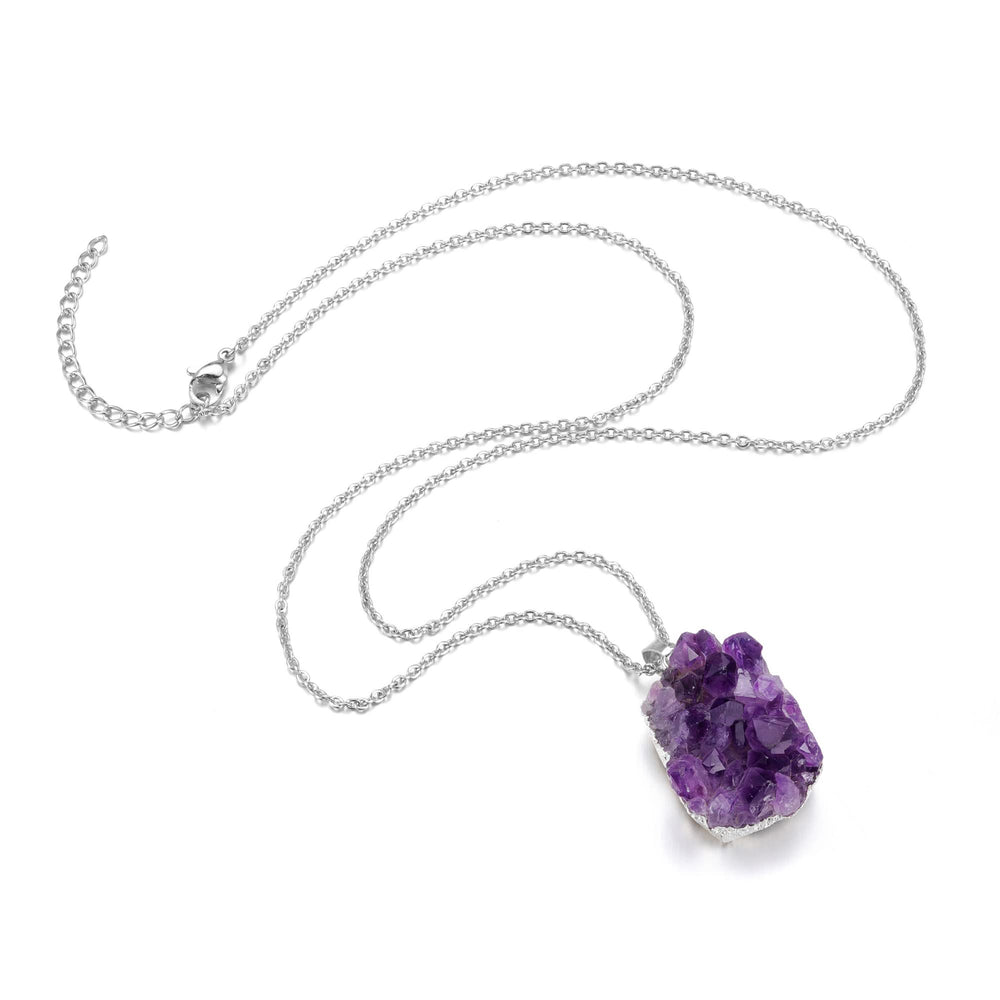 Jovivi amethyst cluster geode necklace worn for calming aesthetics and focus.