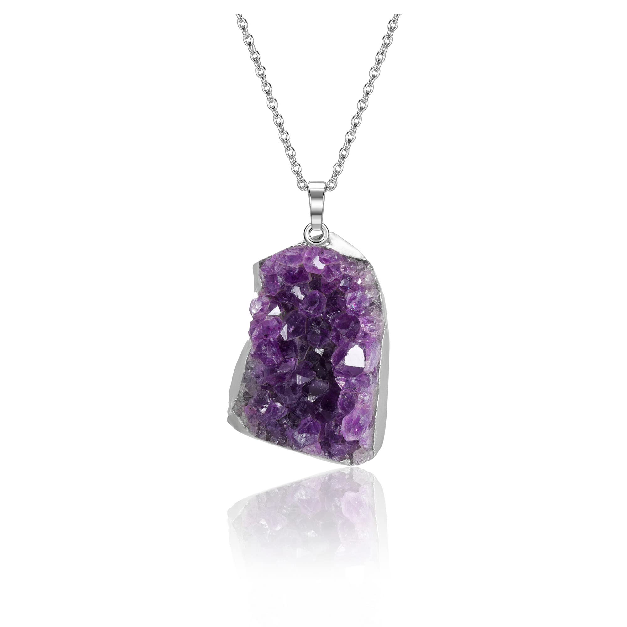 Jovivi amethyst cluster pendant in natural geode form for spiritual balance and style.